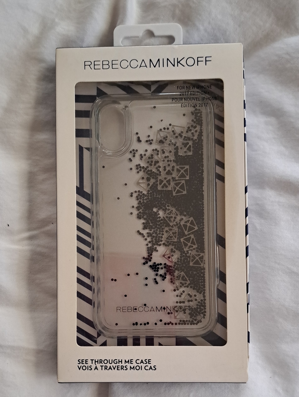Rebecca Minkoff Clear Glitter iPhone Case with Silver Floating Accents I17